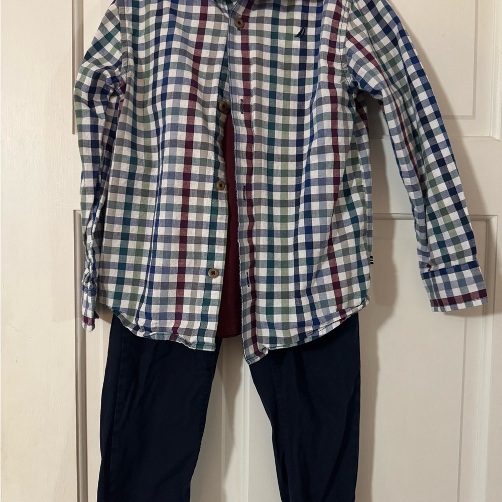 Plaid Button-Up Shirt and Navy Pants, 3 Piece Set, 6T
